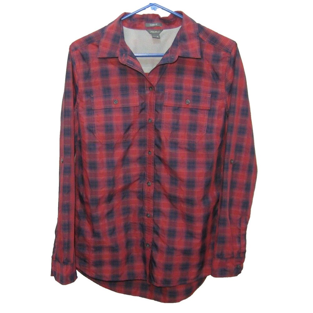 Eddie Bauer Womens Medium Red Plaid Long Sleeve Button Front Shirt Classic Fit